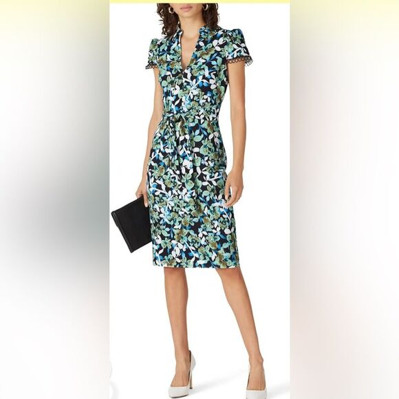 Badgley Mischka Blue Floral Collared Sheath Sz 8 *Flawed* - Picture 1 of 8